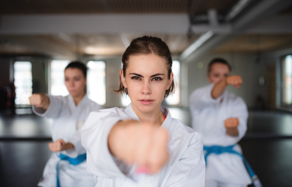 A group of young women practising karate indoors in gym.