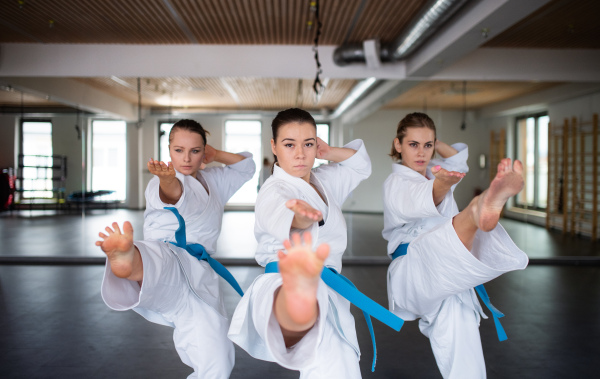 A group of young women practising karate indoors in gym.