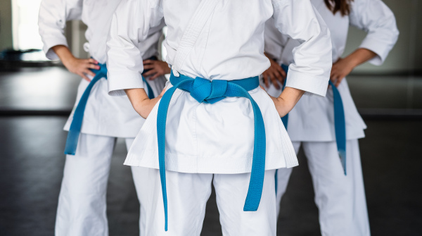 A group of young karate women standing indoors in gym, midsection.