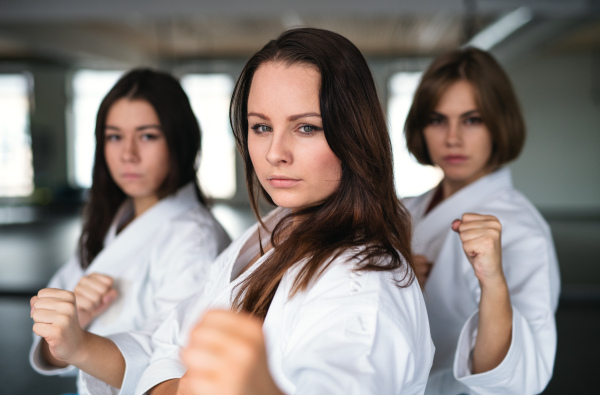 A group of young women practising karate indoors in gym.