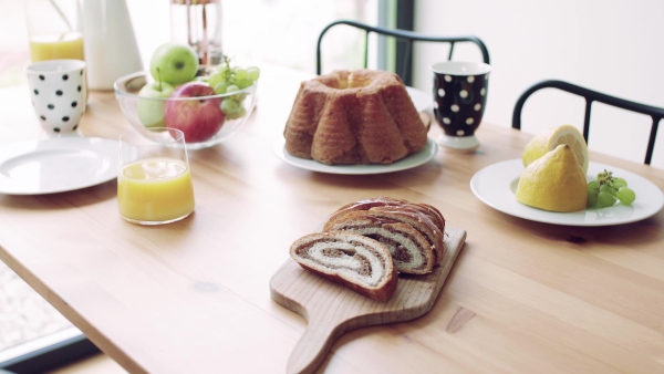 A table set for breakfast indoors at home.