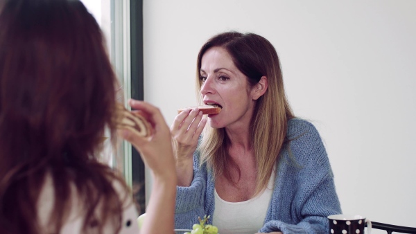 A happy mother with adult daughter sitting at the table indoors, having breakfast.