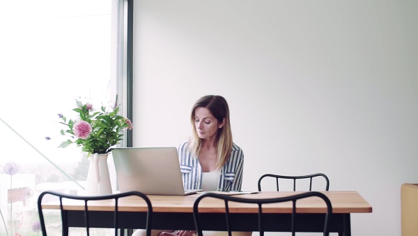 A confident mature woman sitting at the table, working with laptop in home office. Slow motion.