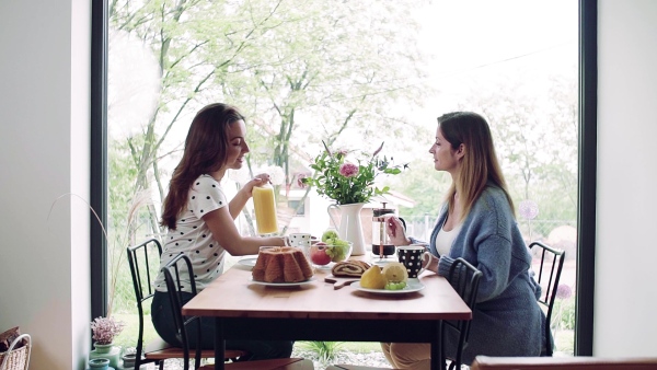 A happy mother with adult daughter sitting at the table indoors, having breakfast. Slow motion.