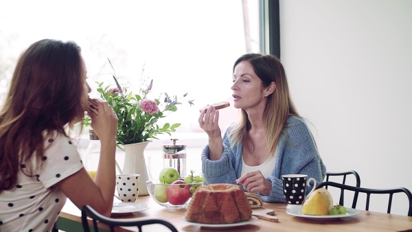 A happy mother with adult daughter sitting at the table indoors, having breakfast. Slow motion.