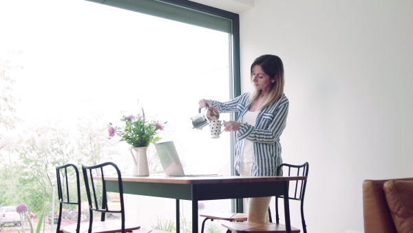 A mature woman with laptop standing at the table in home office, pouring coffee.