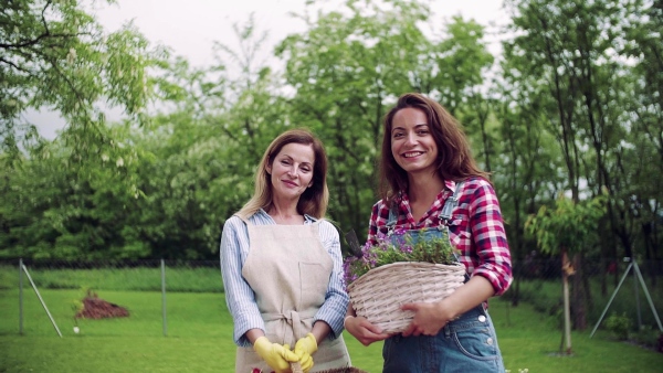 A front view of mother with adult daughter gardening outdoors, holding baskets. Slow motion.