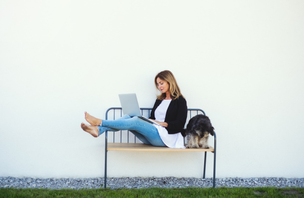 Happy mature woman with dog working in home office outdoors on bench, using laptop.