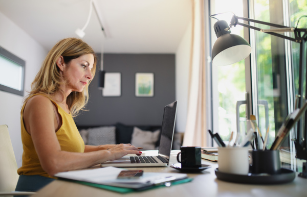 Front view of mature woman working indoors in home office in container house in backyard.