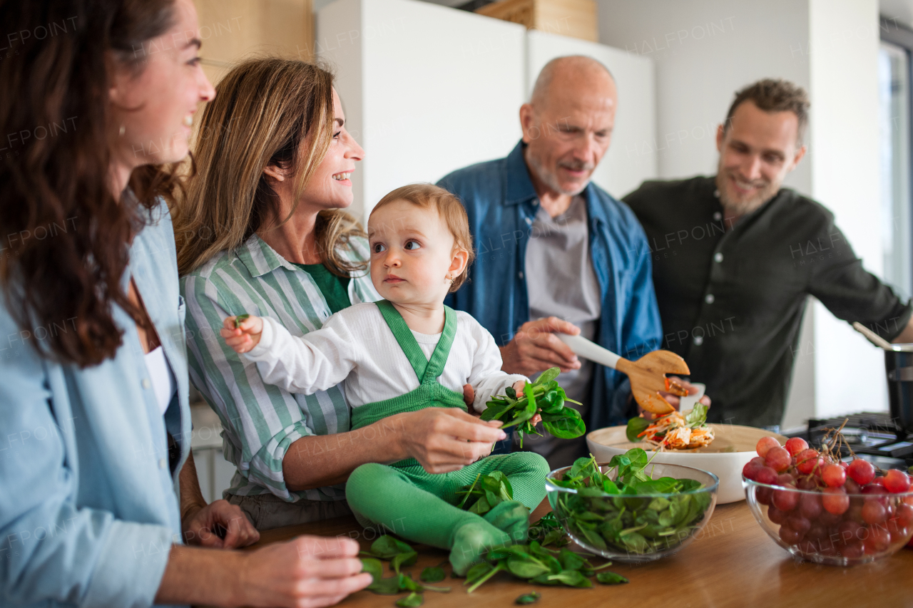 Happy multigeneration family indoors at home preparing vegetable salad in kitchen.