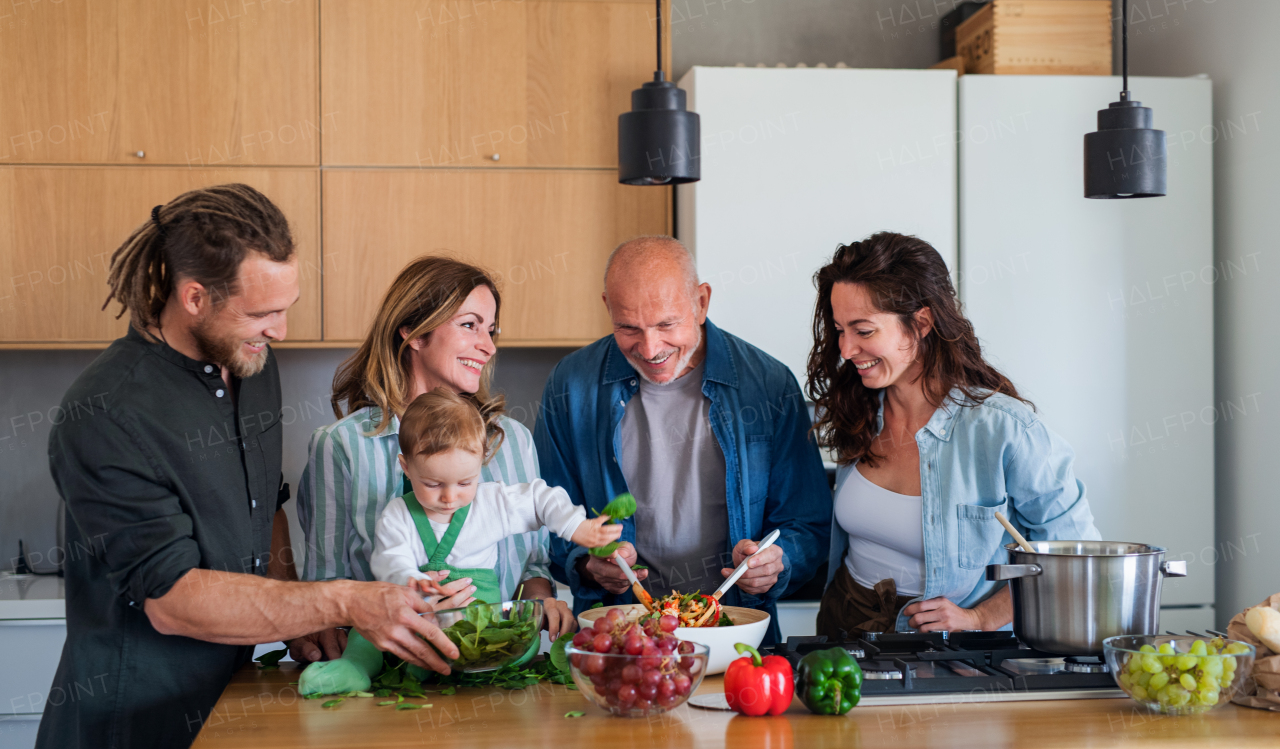 Happy multigeneration family indoors at home preparing vegetable salad in kitchen.