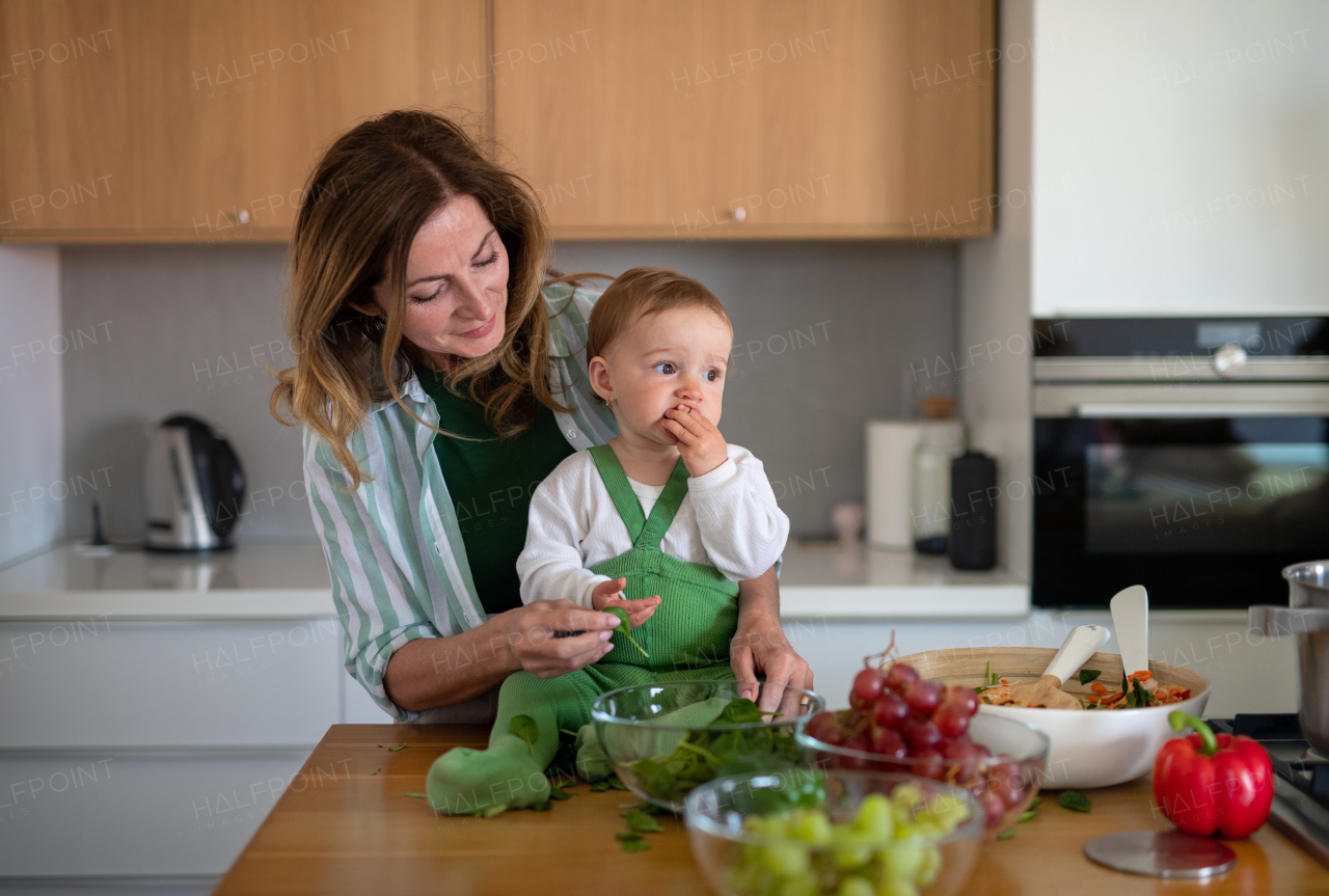 Portrait of happy mature woman with small baby granddaughter indoors at home cooking.