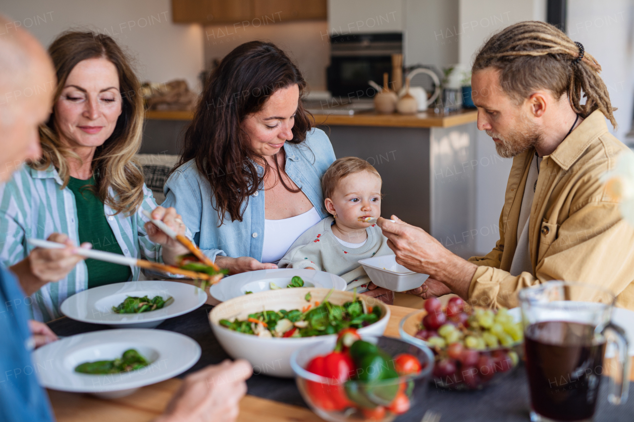 A happy multigeneration family indoors at home eating healthy lunch.