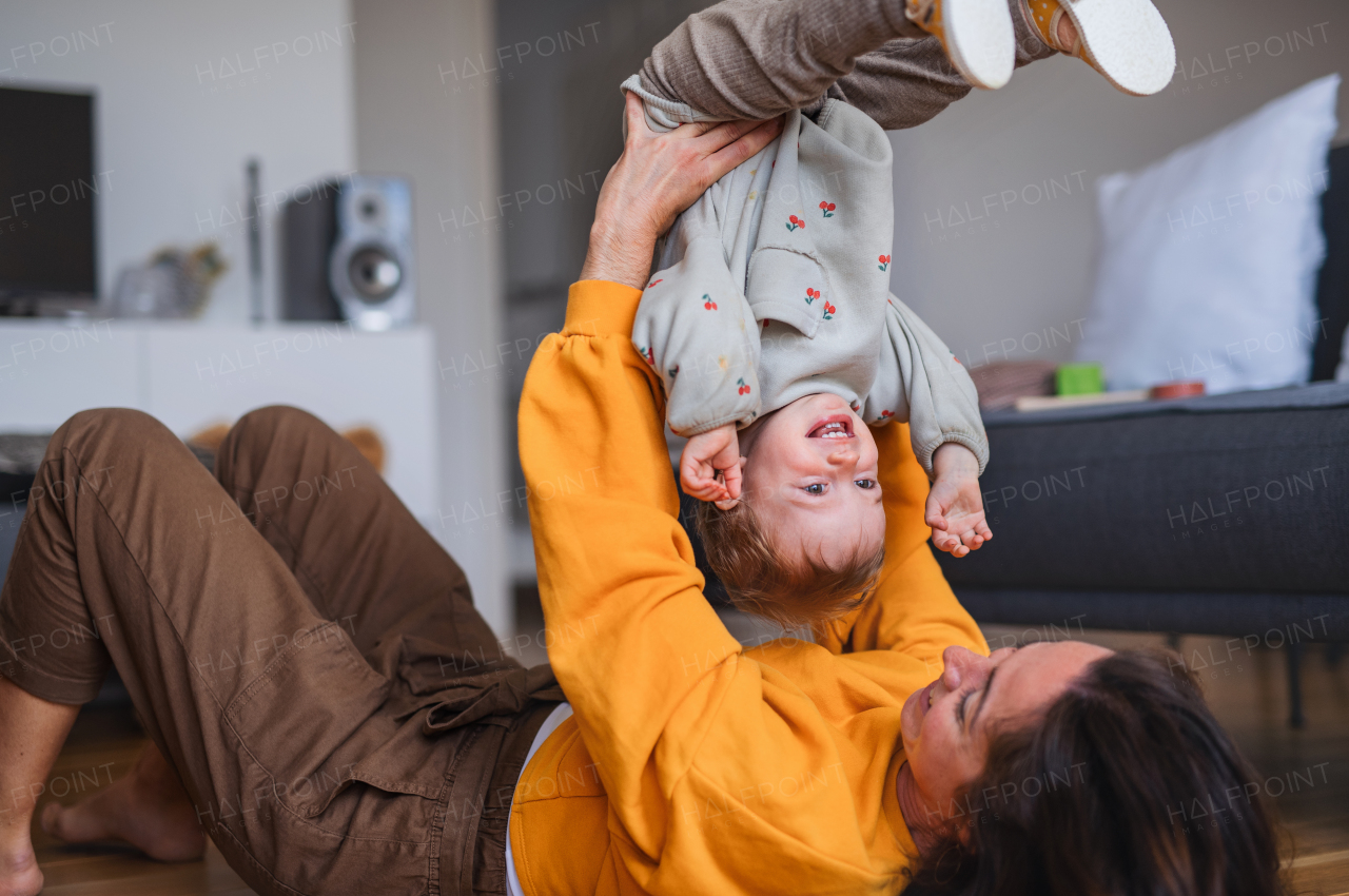 Portrait of young mother playing with small baby indoors at home, having fun.