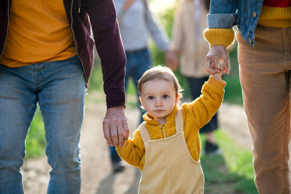 Small toddler with unrecognizable parents and grandparents on a walk outdoors in nature, looking at camera.