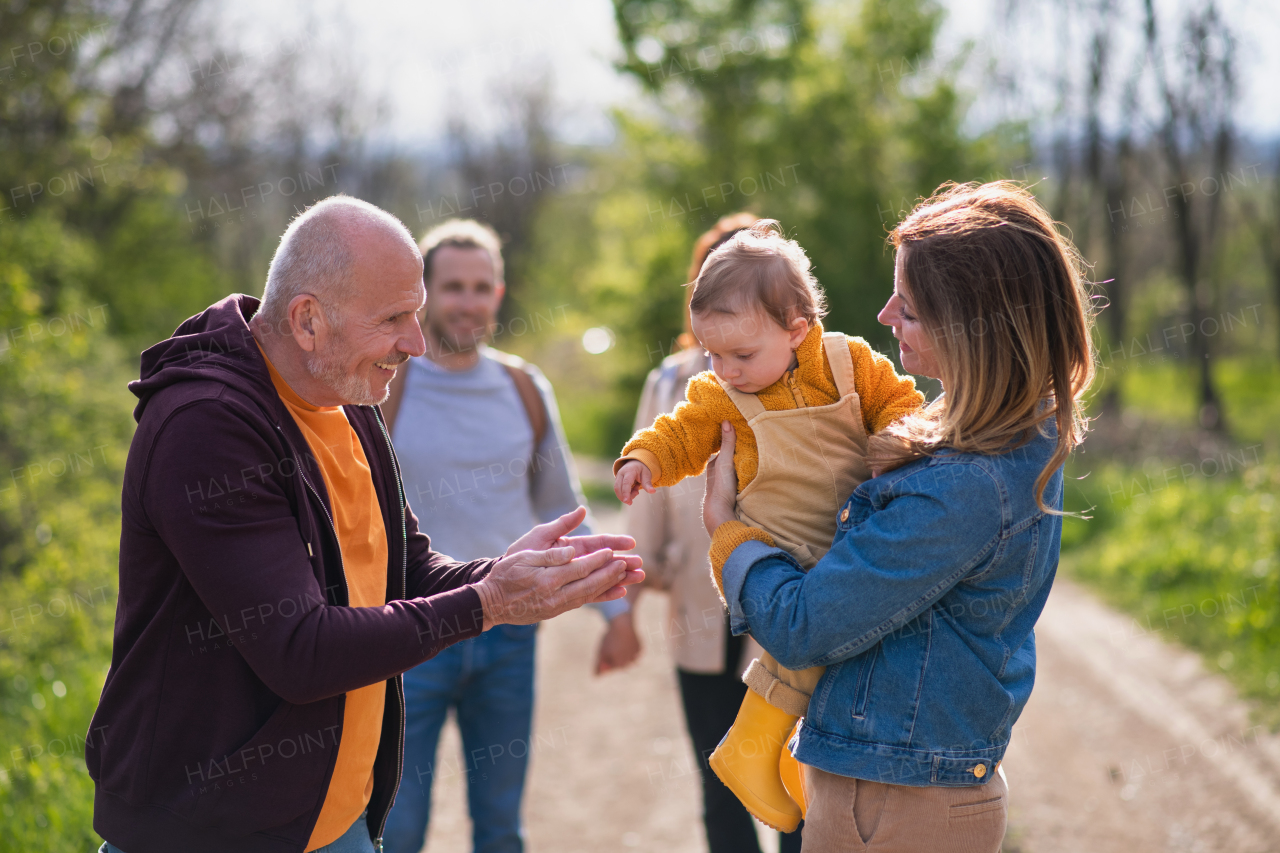 A multigeneration family with toddler on a walk outdoors in nature, having good time.