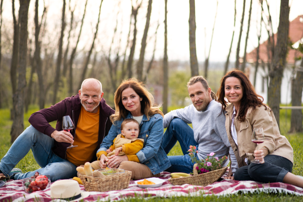 Happy multigeneration family outdoors having picnic in nature, relaxing.