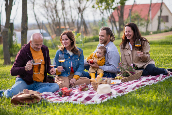 Happy multigeneration family outdoors having picnic in backyard garden, relaxing.