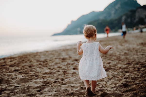 A rear view of small toddler girl walking on sand beach on summer holiday. Copy space.