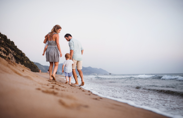 A rear view of young family with two toddler children walking on beach on summer holiday.