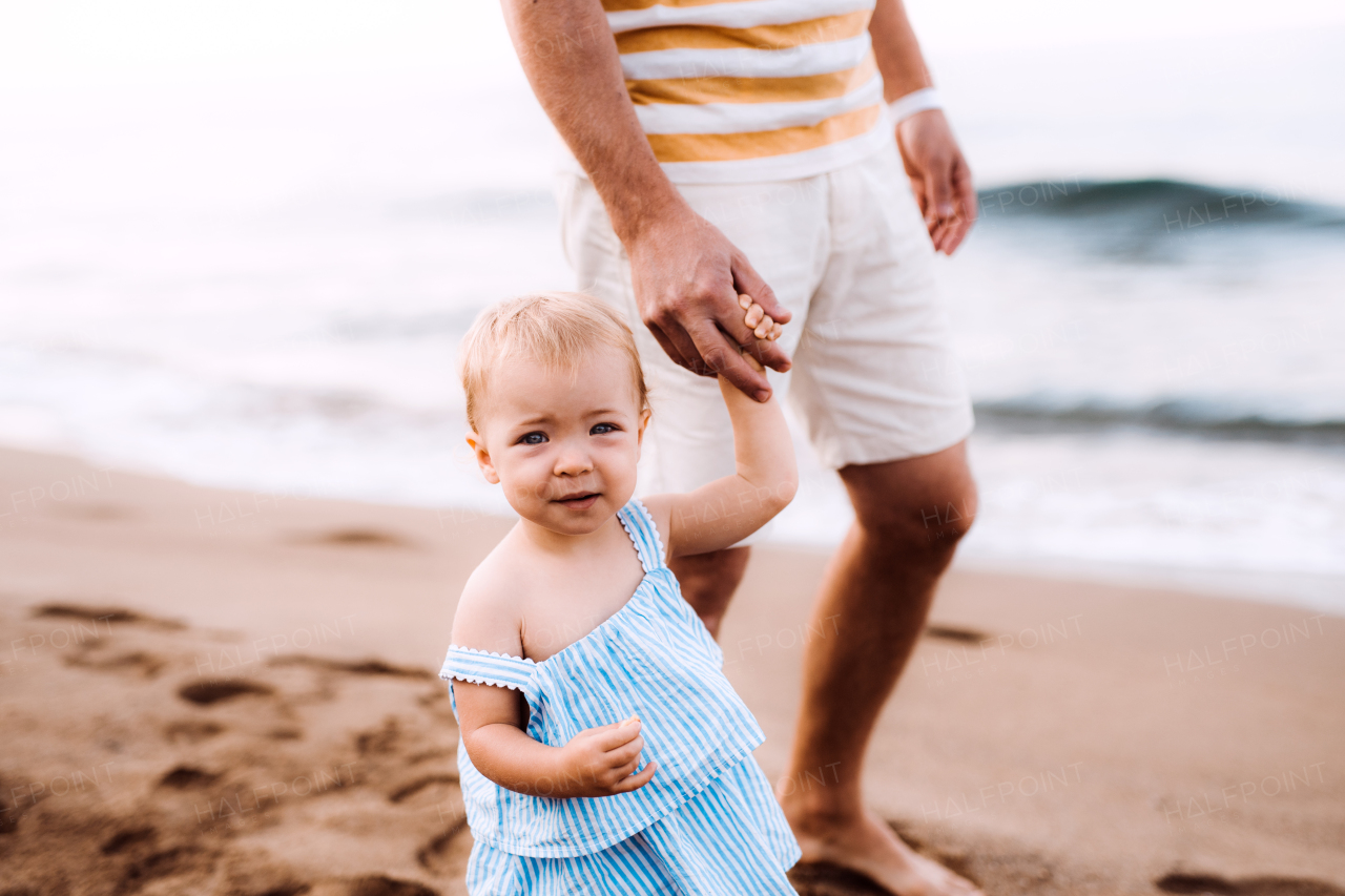 Midsection of father with a toddler girl walking on beach on summer holiday.