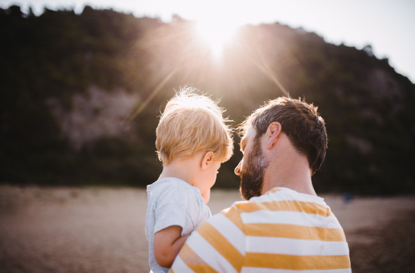 Rear view of father with a toddler boy standing on beach on summer holiday at sunset. Copy space.