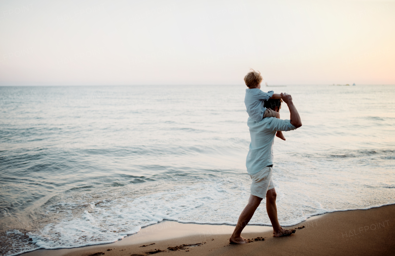 Mature father with a toddler boy walking on beach on summer holiday, having fun.