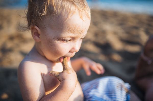 A close-up of cute small toddler girl sitting on beach on summer holiday.