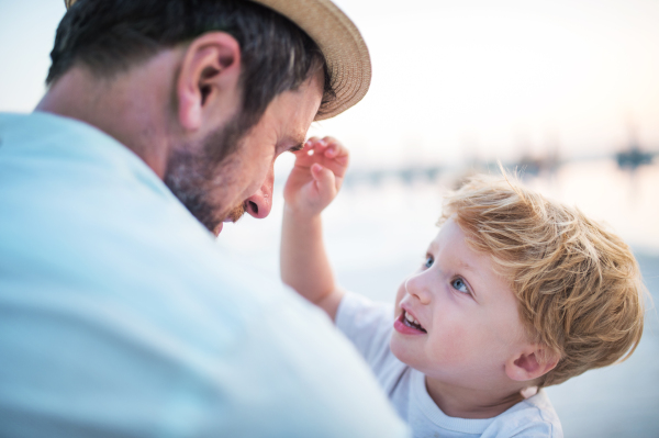 A mature father holding a toddler boy on beach on summer holiday.