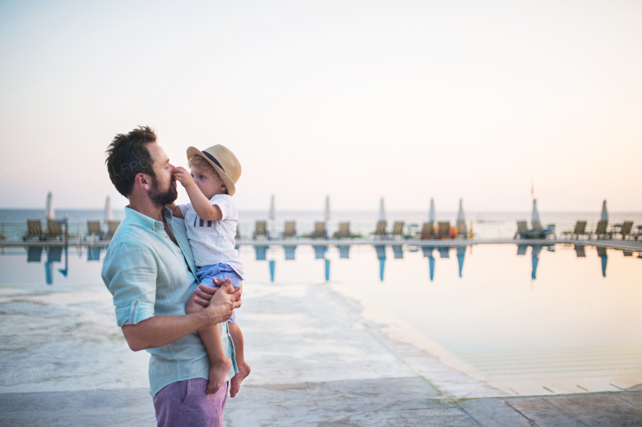 A mature father holding a toddler boy on beach on summer holiday. Copy space.