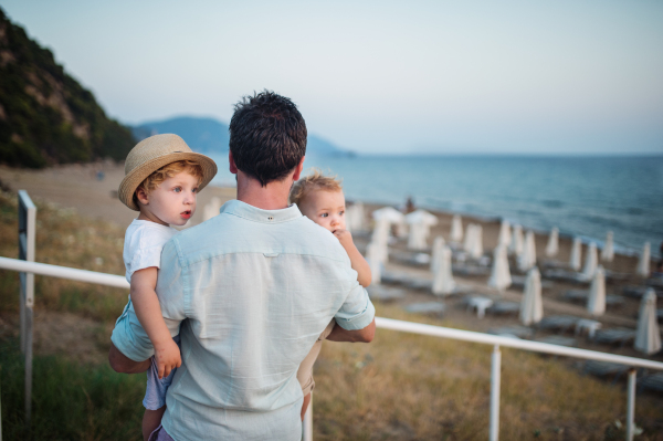 A rear view of father holding two toddler children on beach on summer holiday. Copy space.