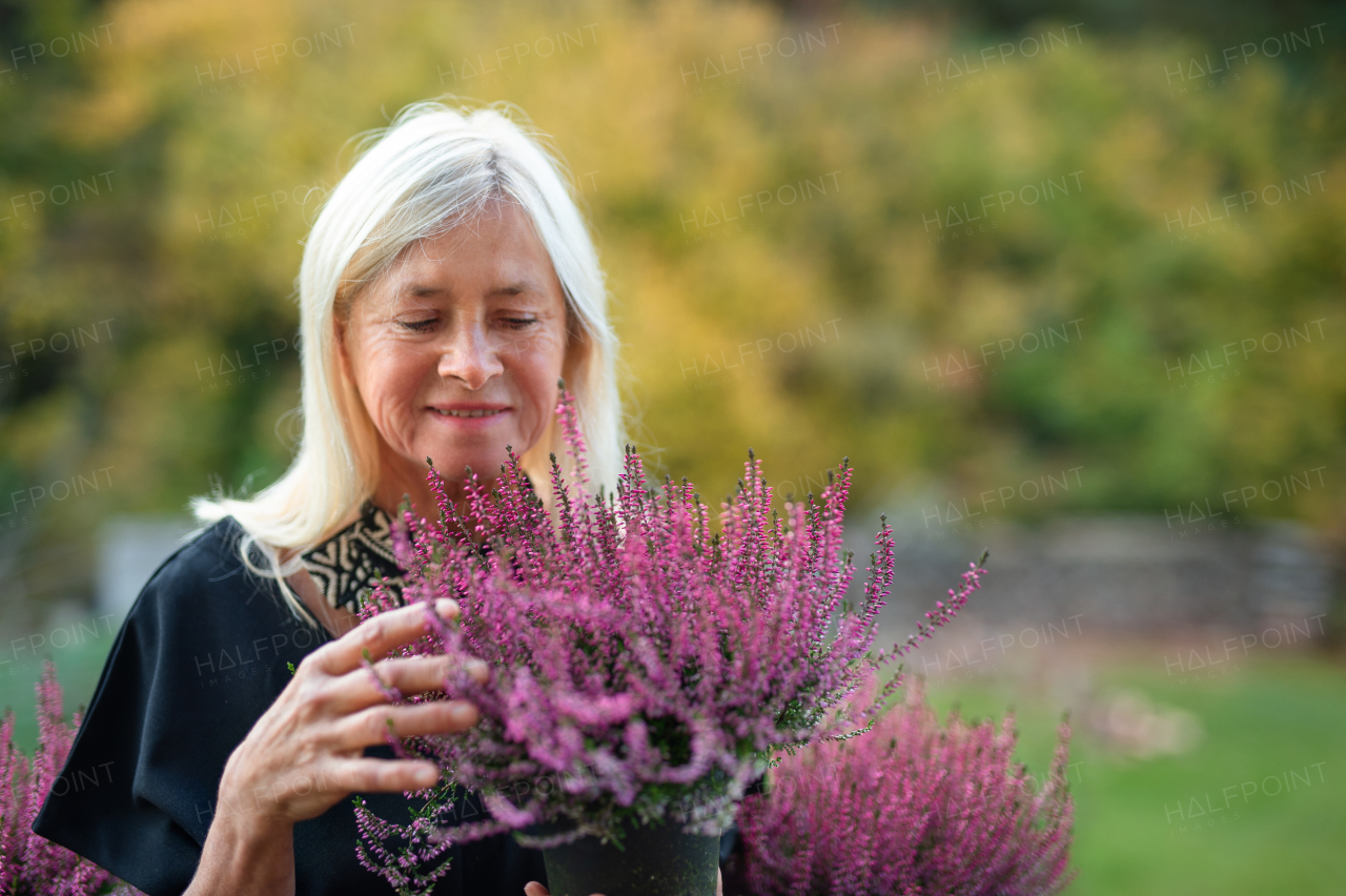 Senior woman standing outdoors on terrace, holding potted plants. Copy space.