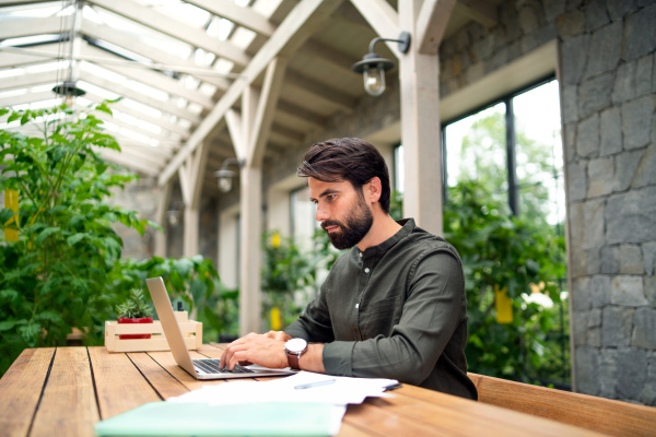 Portrait of young man with laptop sitting indoors in green office, working.