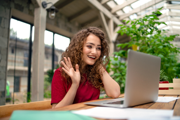 Portrait of young woman sitting indoors in office, conference business call concept.