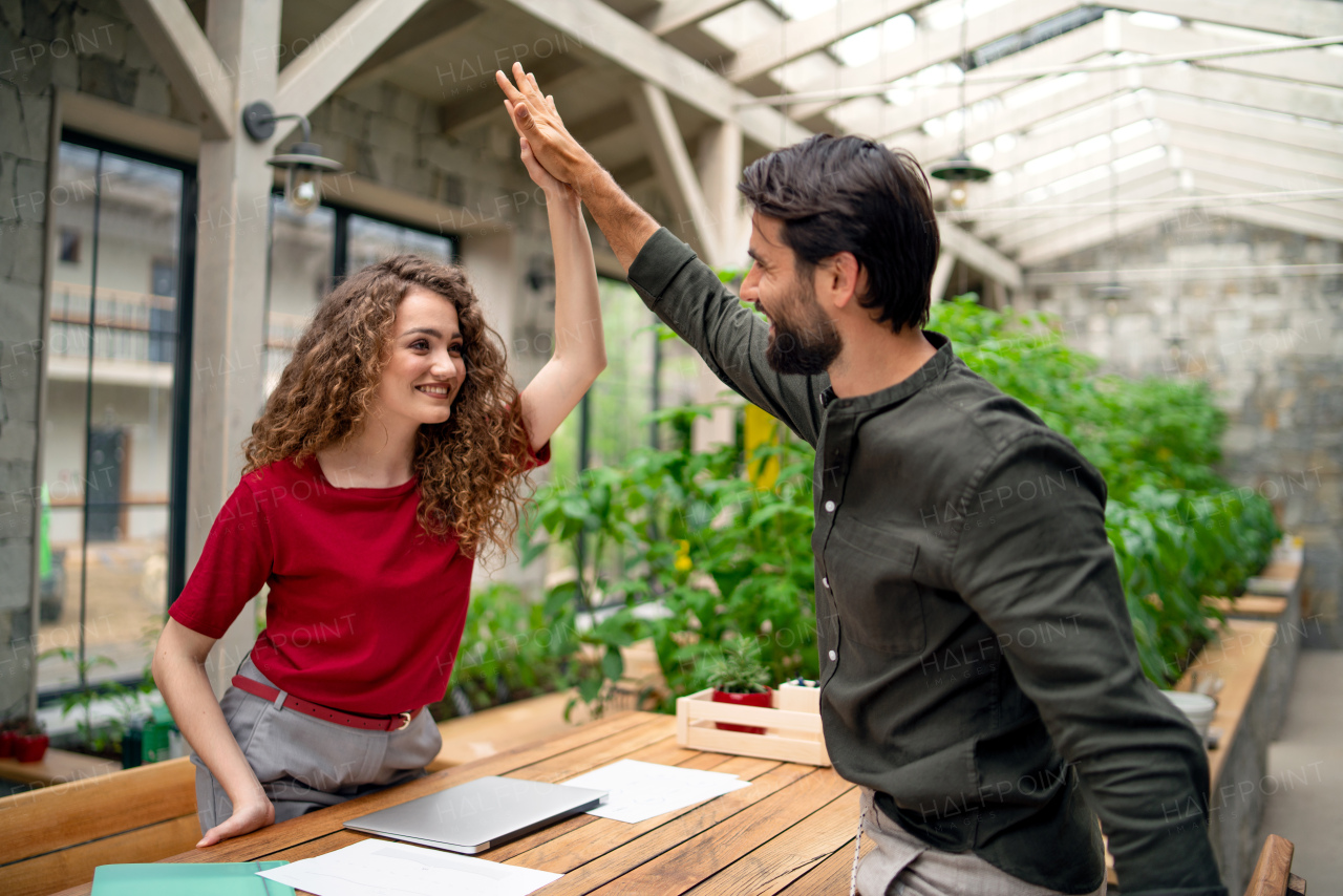 Young man and woman sitting and talking indoors in office, business meeting concept.