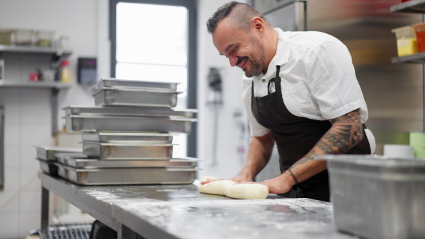 A happy professional chef preparing meal indoors in restaurant kitchen.