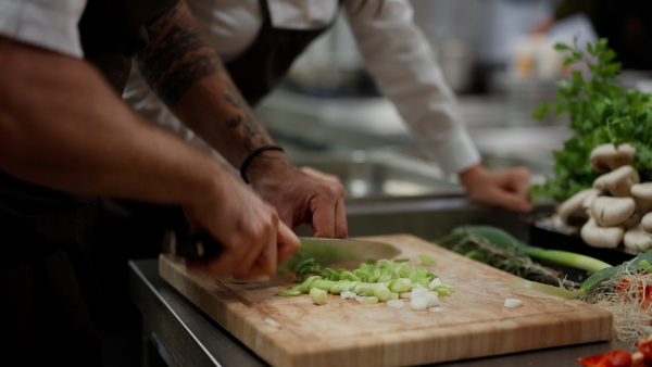 An unrecognizable chef cutting vegetables indoors in restaurant kitchen.