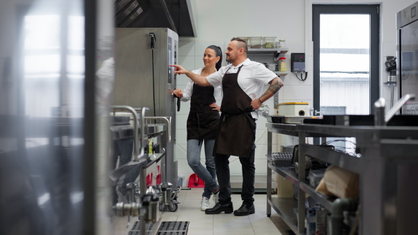 A happy chef and cook working on their dishes indoors in restaurant kitchen.