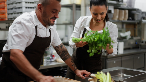 A chef teaching how to cook, cutting vegetables indoors in commercial kitchen.