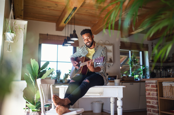 Portrait of happy young man with guitar indoors at home, relaxing.