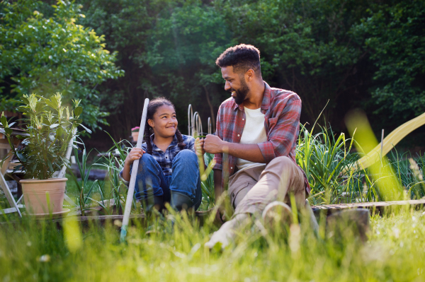 Happy young father with small daughter working outdoors in backyard, a gardening concept.