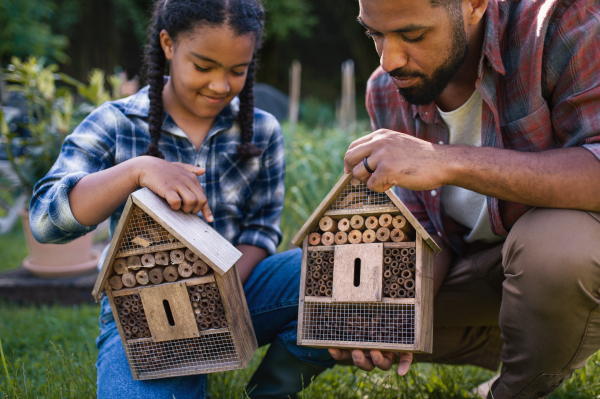 A happy young man with small sister holding bug hotels outdoors in backyard.