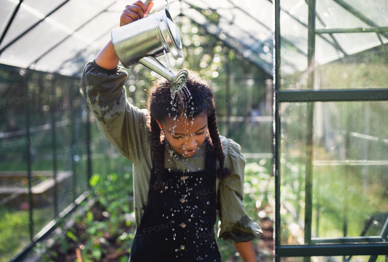 A happy small girl gardening in greenhouse outdoors in backyard, having fun.