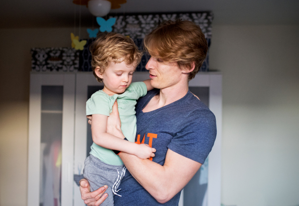 A happy father holding a toddler son at home.