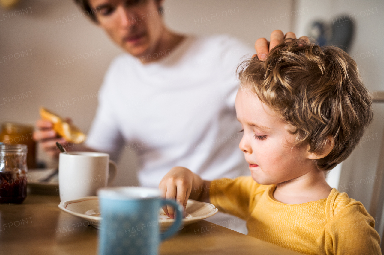 A young father with a toddler son eating breakfast indoors at home.