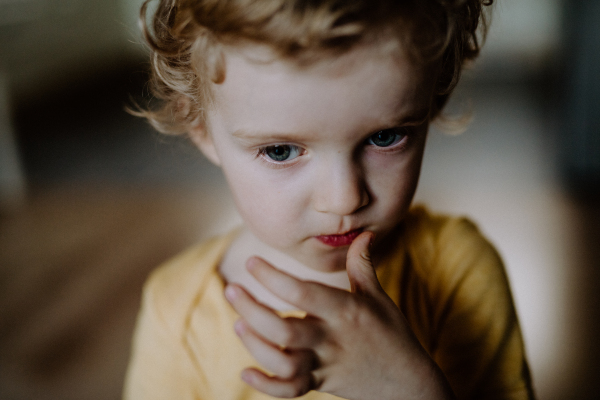 A front view of a toddler boy at home, a close-up.