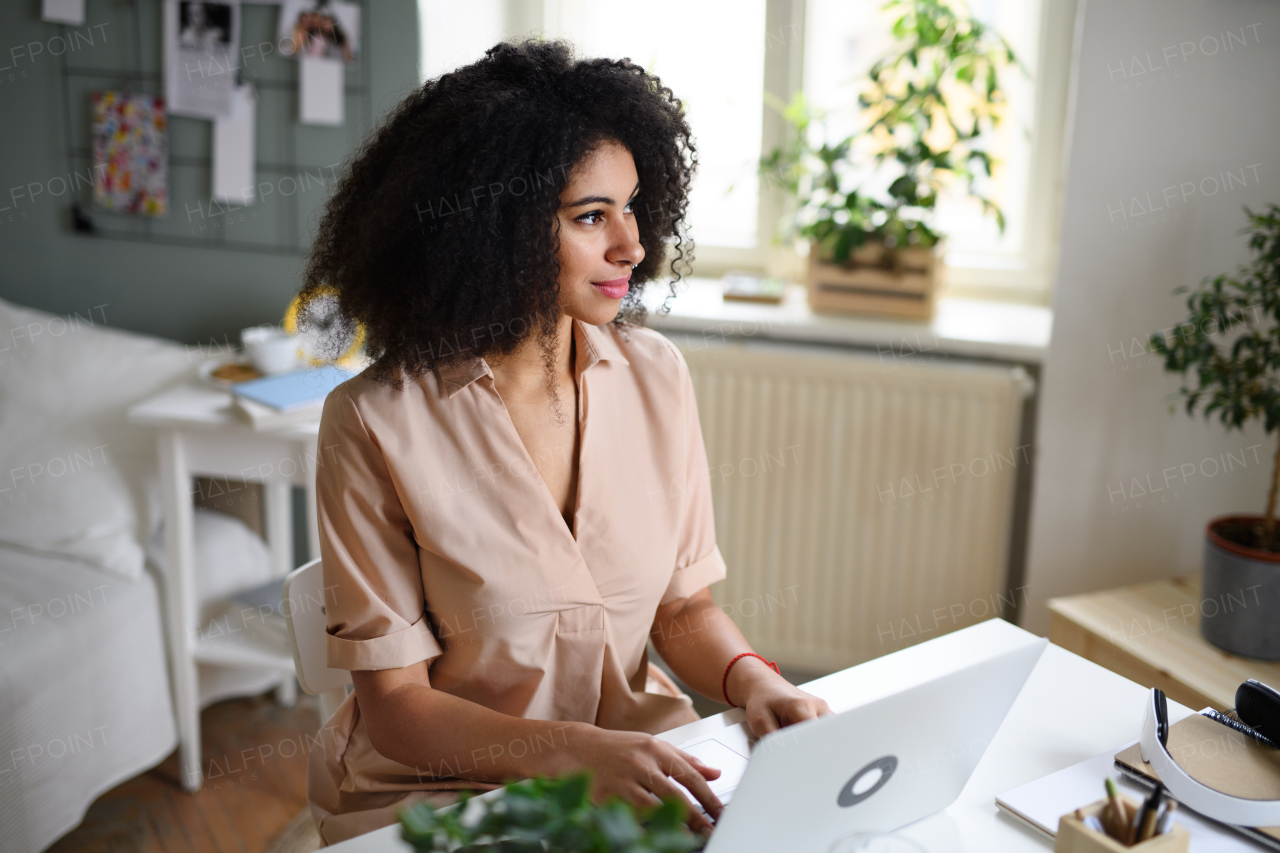 A young woman with laptop indoors at home, home office concept.