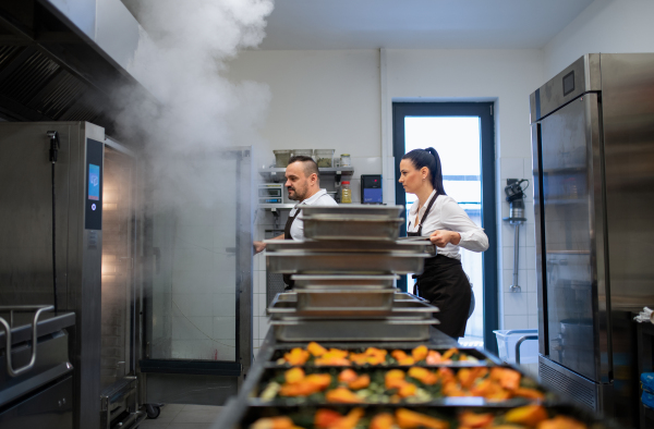 A chef and cook working on their dishes indoors in restaurant kitchen.