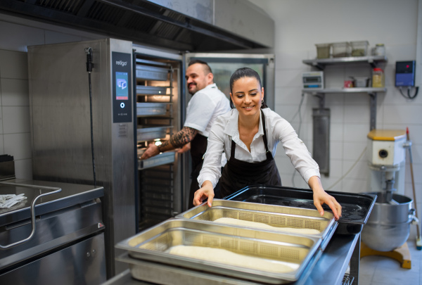 A chef and cook working on their dishes indoors in restaurant kitchen.