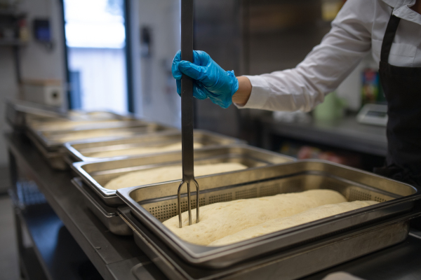 An unrecognizable chef with gloves preparing meal indoors in restaurant kitchen.